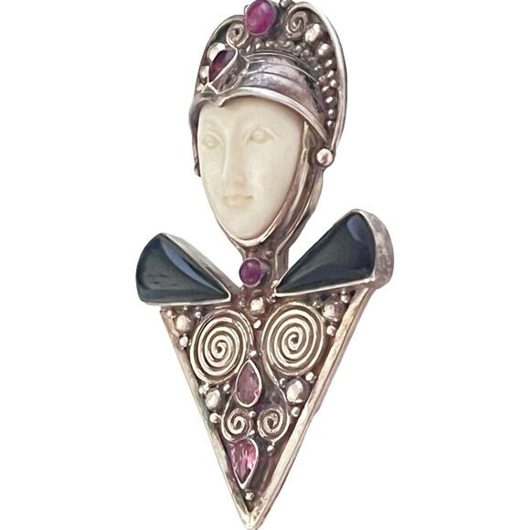 925 Silver Sajen Goddess Face BROOCH PIN PENDANT Onyx Ruby Rhodolite Garnet Gems - Picture 2 of 7